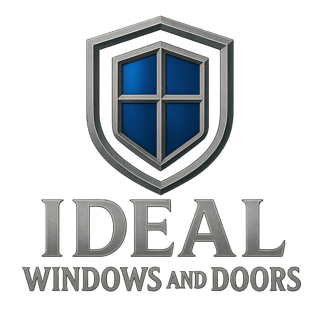 Logo for Ideal Windows and Doors featuring a blue shield with a window design in the center, outlined in silver, above the company name in bold, metallic lettering.